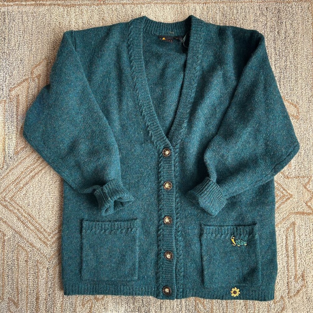 Vintage Teal Wool Knit Cardigan Sweater Turtle Embroidery Cozy Eclectic Grandpa